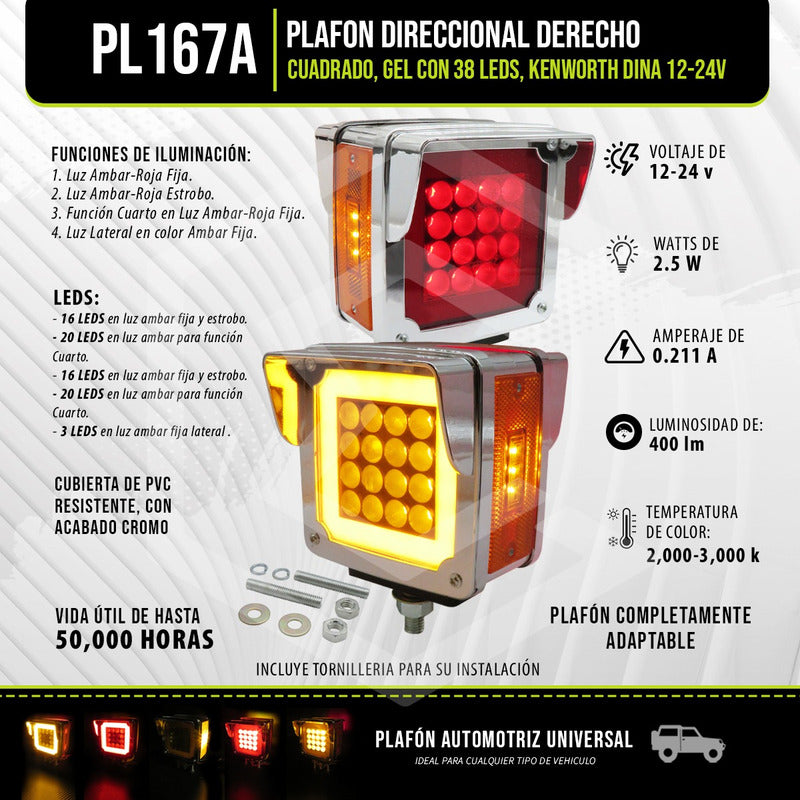 2 Plafon Direccional Cuadrada Gel 38led Kenworth Dina 12-24v Pl167a/168a