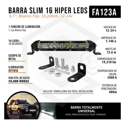 Barra Slim 16 Hiper Leds 6.7'' Blanco Fijo 19200lm 12-24v