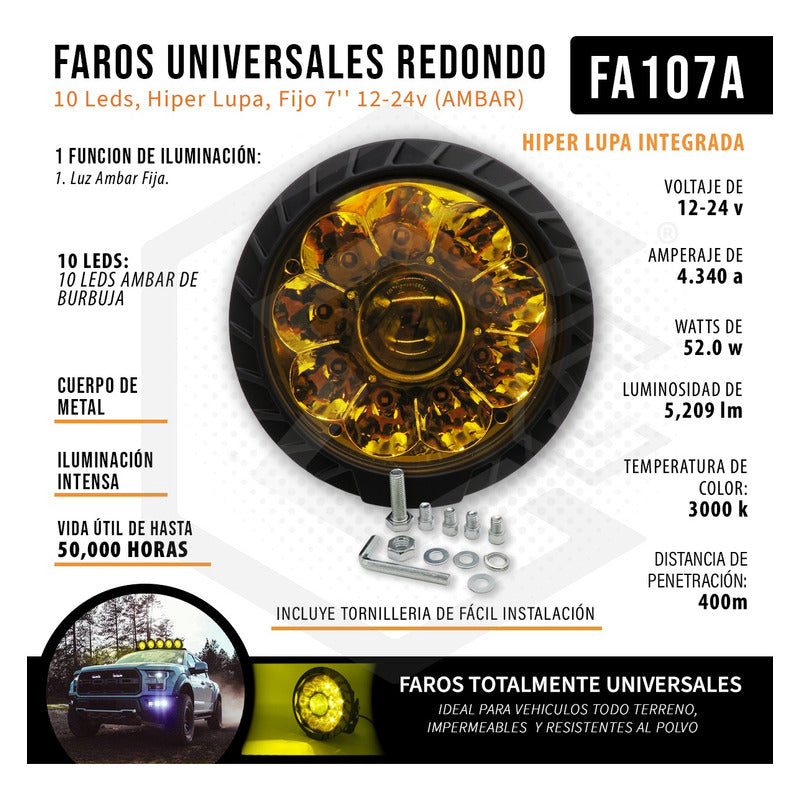 Faros Universales Redondo 10 Leds Hiper Lupa Fijo 7'' 12-24v