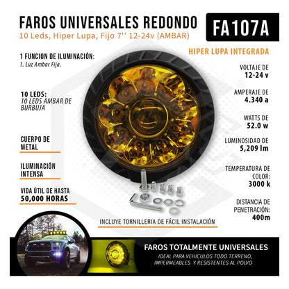 Faros Universales Redondo 10 Leds Hiper Lupa Fijo 7'' 12-24v