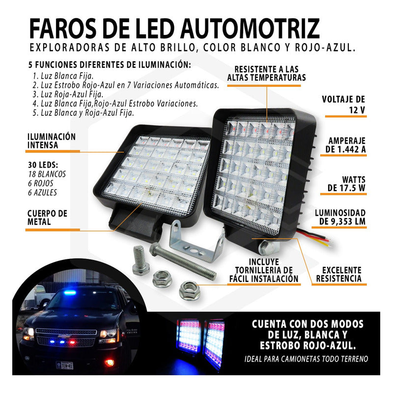 Par De Faros 30 Leds 9-30vluz Blanca/rojo/azul 6 Funciones T