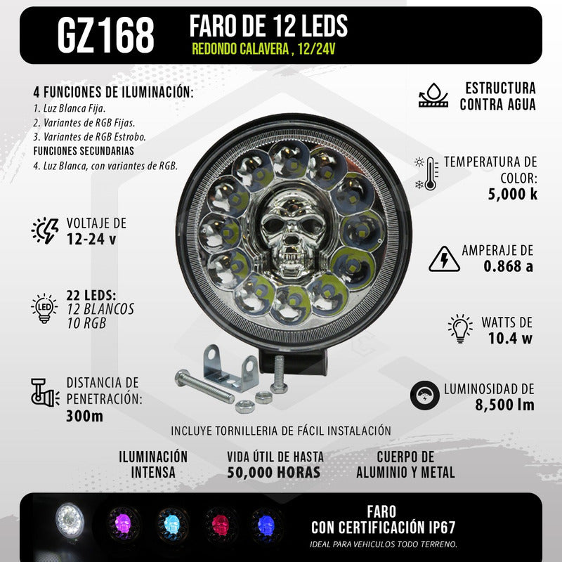 Par De Faros Calavera 26 Leds 4 Funciones Blanco-rgb 12-24v