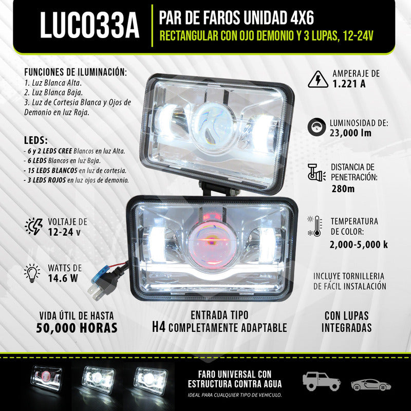 Par Faros Unidad 4x6 Rectangular Ojo Demonio 3 Lupas 12-24v