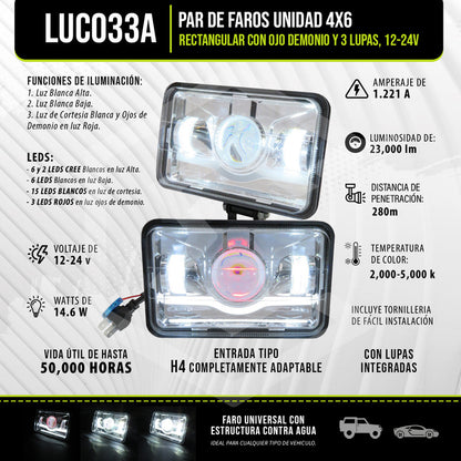 Par Faros Unidad 4x6 Rectangular Ojo Demonio 3 Lupas 12-24v