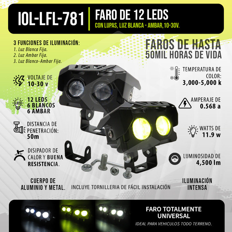 Par De Faros 12 Leds 2 Lupas Blanco-ambar 3 Funciones 10-30v