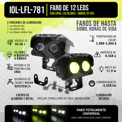 Par De Faros 12 Leds 2 Lupas Blanco-ambar 3 Funciones 10-30v