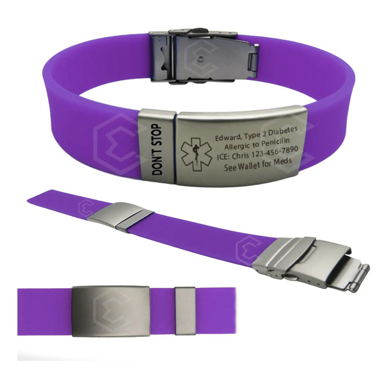 Kit 4 Pulsera Identificación Personalizada Emergencia Láser Morado