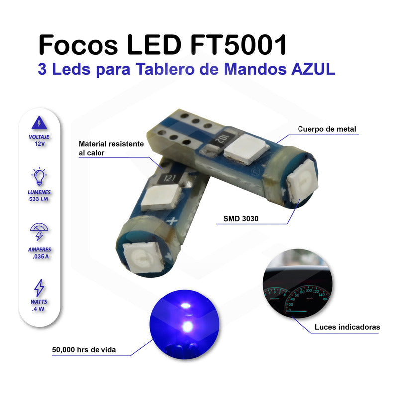 Kit 10 Focos 3 Leds Tablero Mandos T5 3030 3w 12v Colores