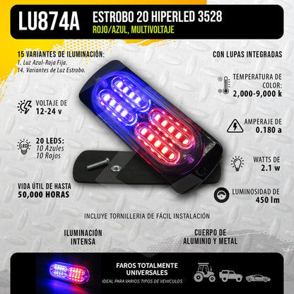 Faro Universal 20 Hiperled 3528 Estrobo 15 Funciones 12-24v