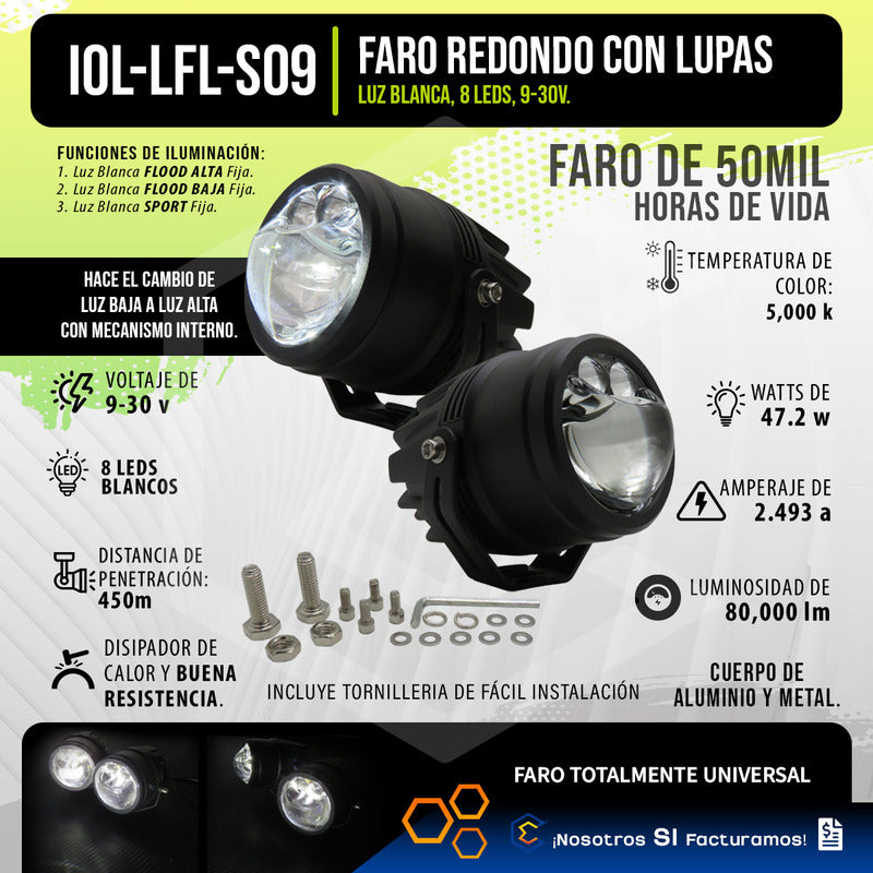 Par De Faros 8 Led Redondo Lupa Blanco Flood Alta Baja 9-30v