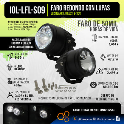 Par De Faros 8 Led Redondo Lupa Blanco Flood Alta Baja 9-30v