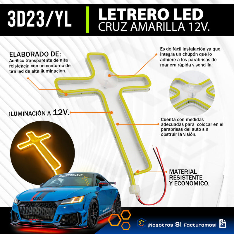 10 Figura Cruz Led Luz Neon Parabrisa Chupón Grande 26cm 12v