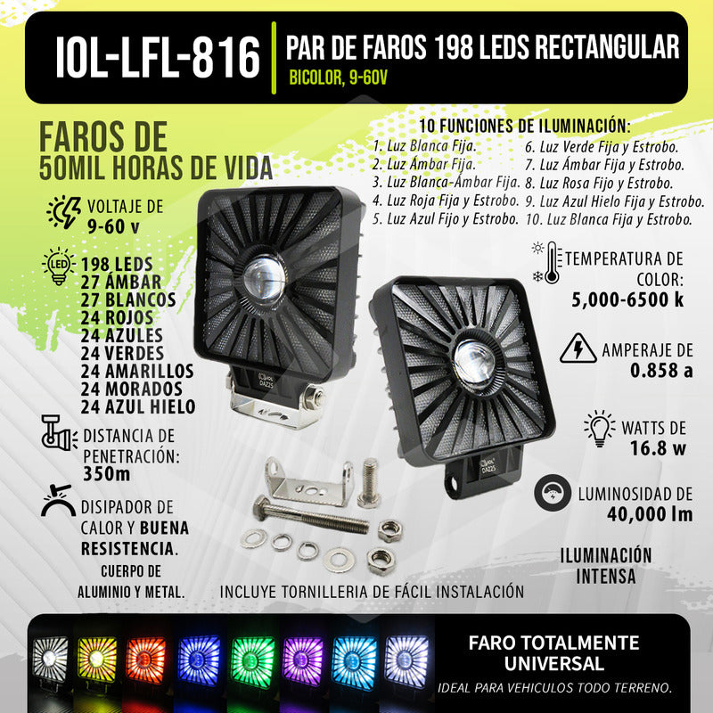 Par De Faros 198 Leds Cuadrado Multicolor Fijo Estrobo 9-60v