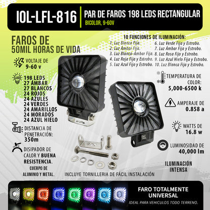 Par De Faros 198 Leds Cuadrado Multicolor Fijo Estrobo 9-60v