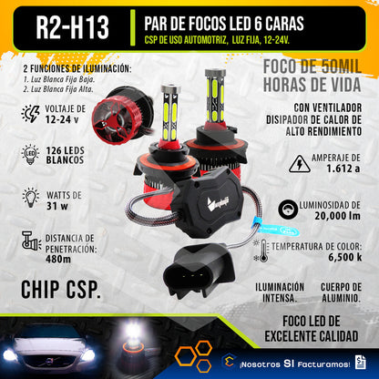 2 Focos Led H13 Ventilador Alta Y Baja Aro Luz 15000lm 12-24 H13