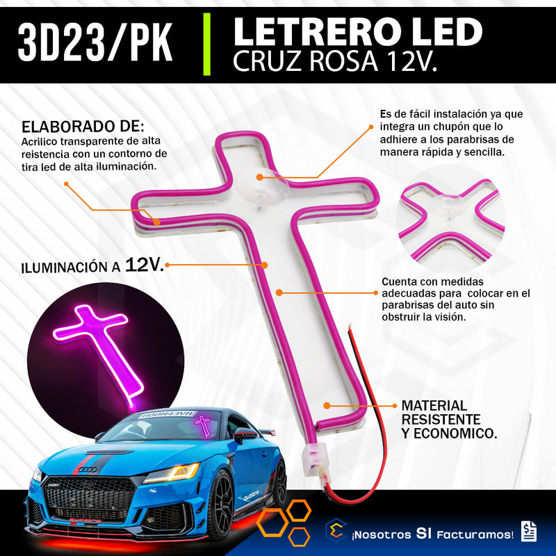 Figura Cruz Led Luz Neon Parabrisas Chupón Grande 26cm 12v