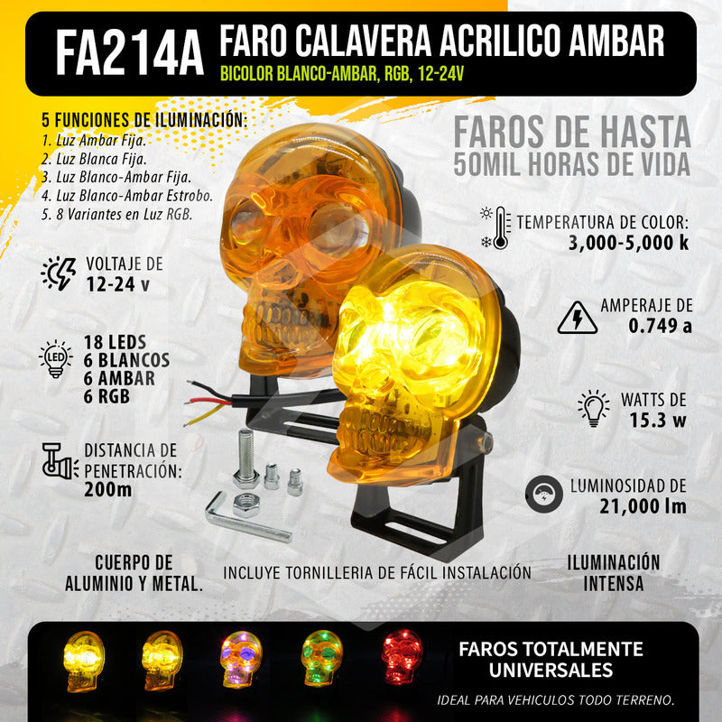 Par Faros 18 Leds 2 Lupas Rgb Calavera 12 Funciones 12-24v
