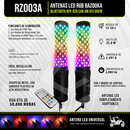 Antenas Led Rgb Bazooka Bluetooth App Rzr Can Am Atv 30.5cm Rgb