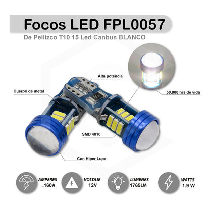 Par De Focos De Pellizco T10 15 Led Canbus Con Lupa 4010 12v