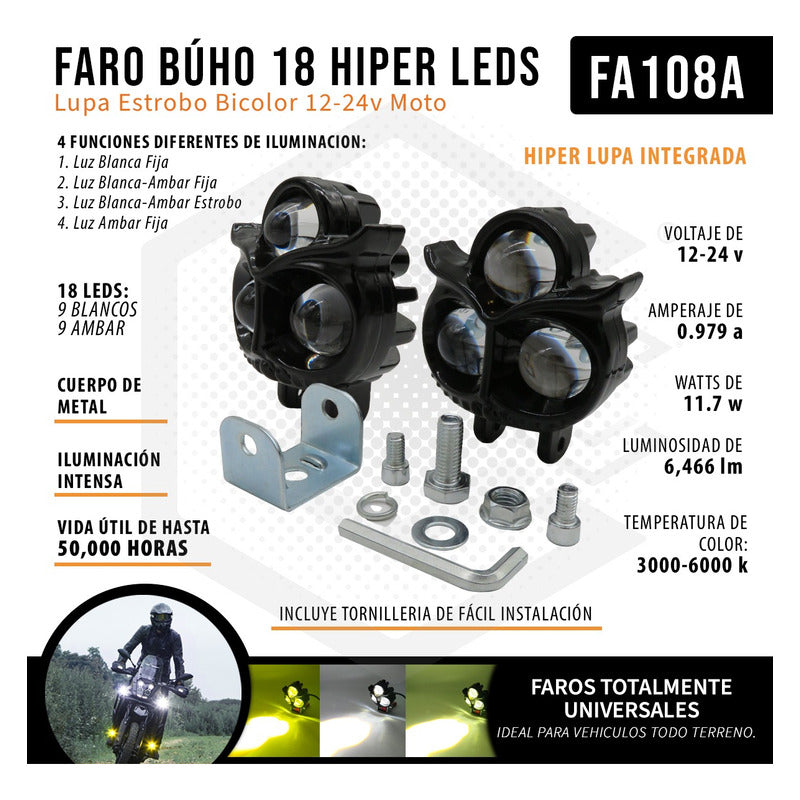 2 Faros Búho 18 Hiper Leds Lupa Estrobo Bicolor 12-24v Moto