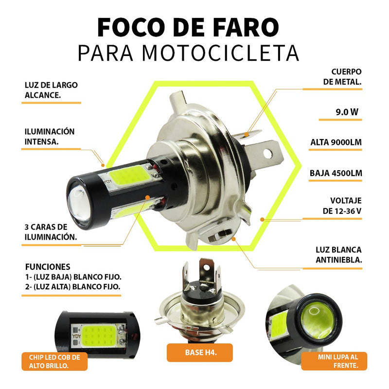 Foco Moto H4 47 Leds Cob Ba20d 3 Caras Lupa 9000lm Reales T H4