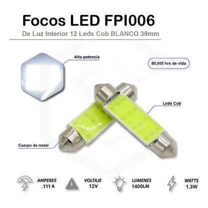 2 Pzs Foco Led Cob Festoon Fusible Interior 31 36 39 Y 41 Mm