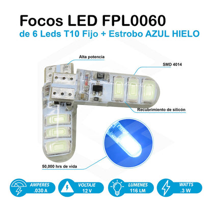 Par De Focos Pellizco Gel T10 Fijo + Estrobo 6 Leds Canbus