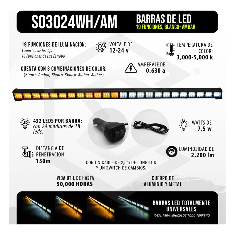 Barra 432 Led 19 Funciones 24 Módulos Bicolor Estrobo 12-24v