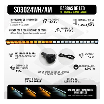 Barra 432 Led 19 Funciones 24 Módulos Bicolor Estrobo 12-24v