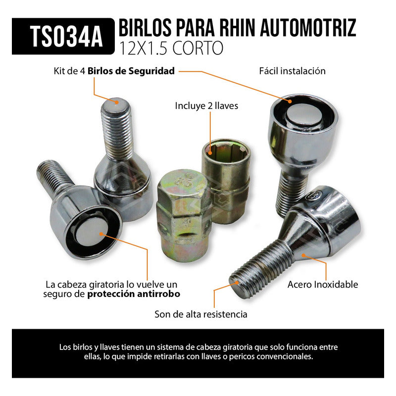 Juego De Birlos Seguros Para Rines Con 2 Llaves 12x1.5 Corto