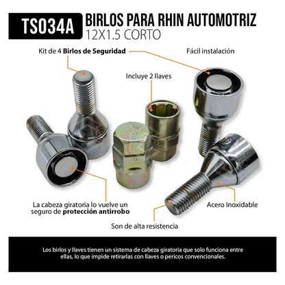 Juego De Birlos Seguros Para Rines Con 2 Llaves 12x1.5 Corto