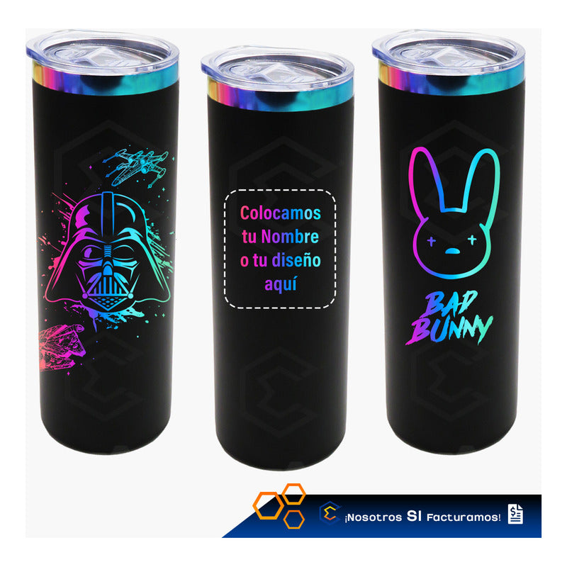 Termo Vaso Personalizado Nombre O Logo Láser Skinny 600ml Negro