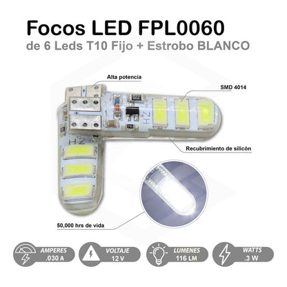 Kit 10 Focos Pellizco Gel T10 Fijo + Estrobo 6 Leds Canbus
