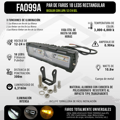 Par De Faros 18 Leds Rectangular Bicolor Con Lupa 12/24 Gel