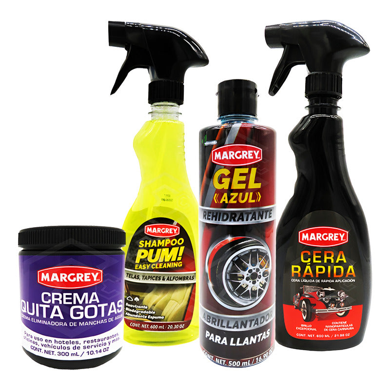 Kit Crema Quita Gotas Pum Shampoo Cera Rapida Y Gel Llantas