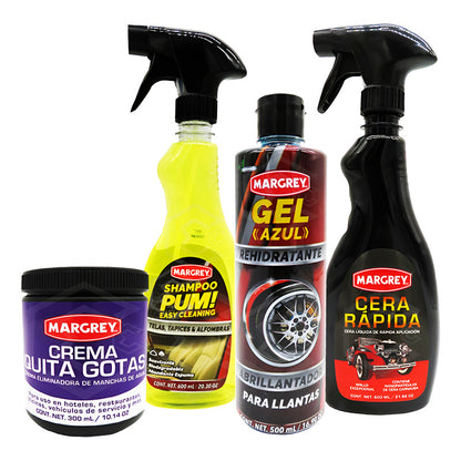 Kit Crema Quita Gotas Pum Shampoo Cera Rapida Y Gel Llantas