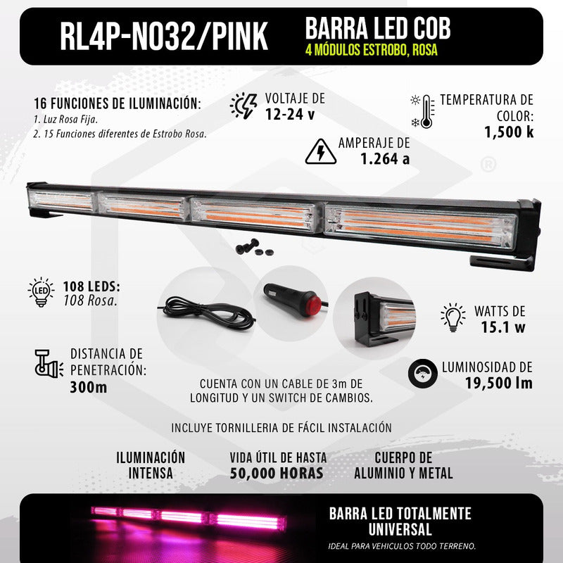Barra Torreta Led Cob 4 Módulos Estrobo Código 16 Funciones
