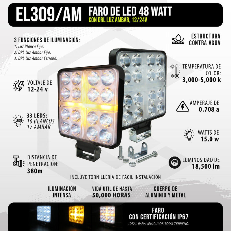 Par De Faros Cuadrados 33 Leds Aro De Luz Cruz Ip67 12-24v