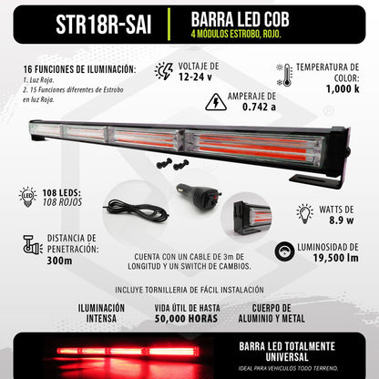 Barra Torreta Led Cob 4 Módulos Estrobo Código 16 Funciones