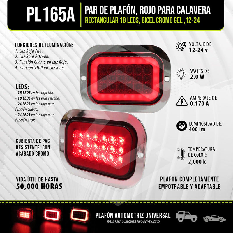 Par Plafón Calavera Rectangular 18led Bicel Cromo Gel 12-24v