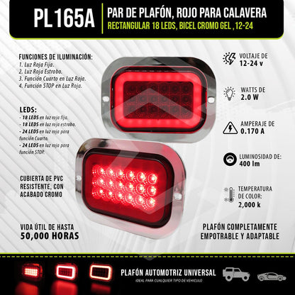 Par Plafón Calavera Rectangular 18led Bicel Cromo Gel 12-24v