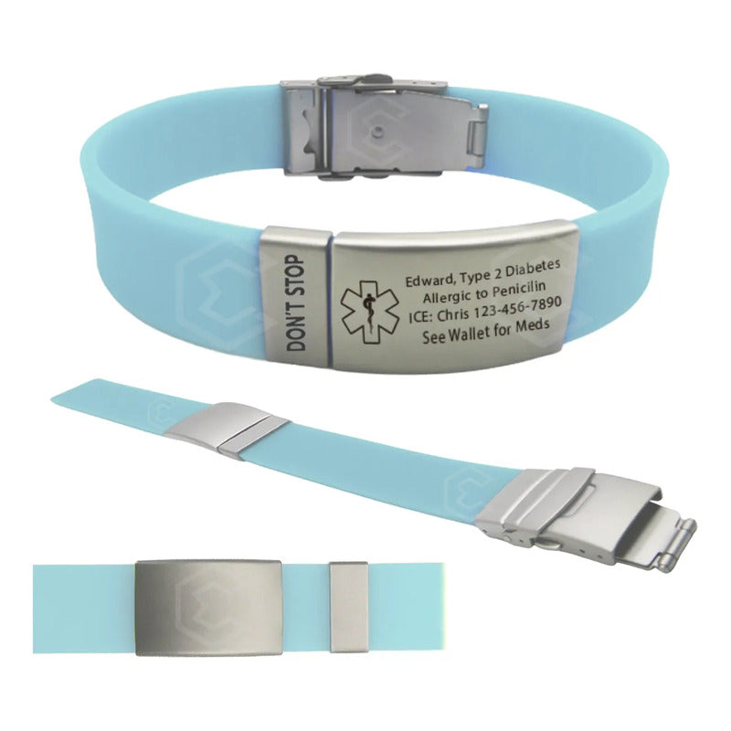Kit 4 Pulsera Identificación Personalizada Emergencia Láser Azul Cielo