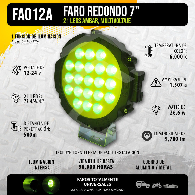 Faro Cree Redondo Universal 21 Led Blanco/ambar Fijo 7'' 24v