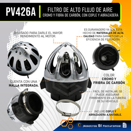 Filtro De Alto Flujo Universal Tipo Bala Cromado Abrazadera