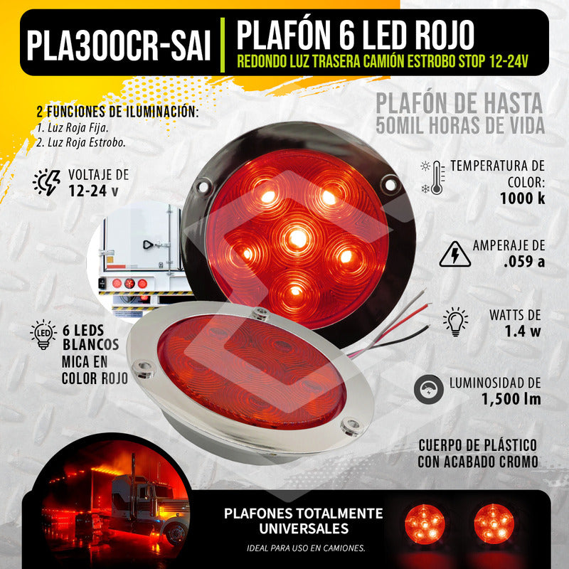 2 Plafón 6led Redondo Luz Trasera Camión Estrobo Stop 12-24v
