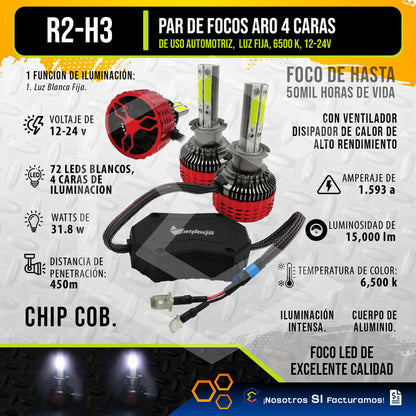 Kit 2 Focos 72 Led H3 Ventilador Alta Baja 15,000lm 12-24v H3