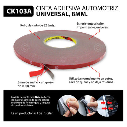 Rollo De Cinta Doble Cara Tipo 3m Pega Molduras 8mm X 32.5m Rojo Lisa
