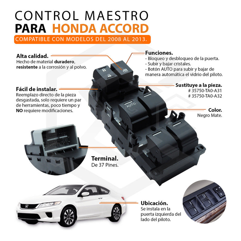 Interruptor Control Maestro Cristales Honda Accord 2008-2012