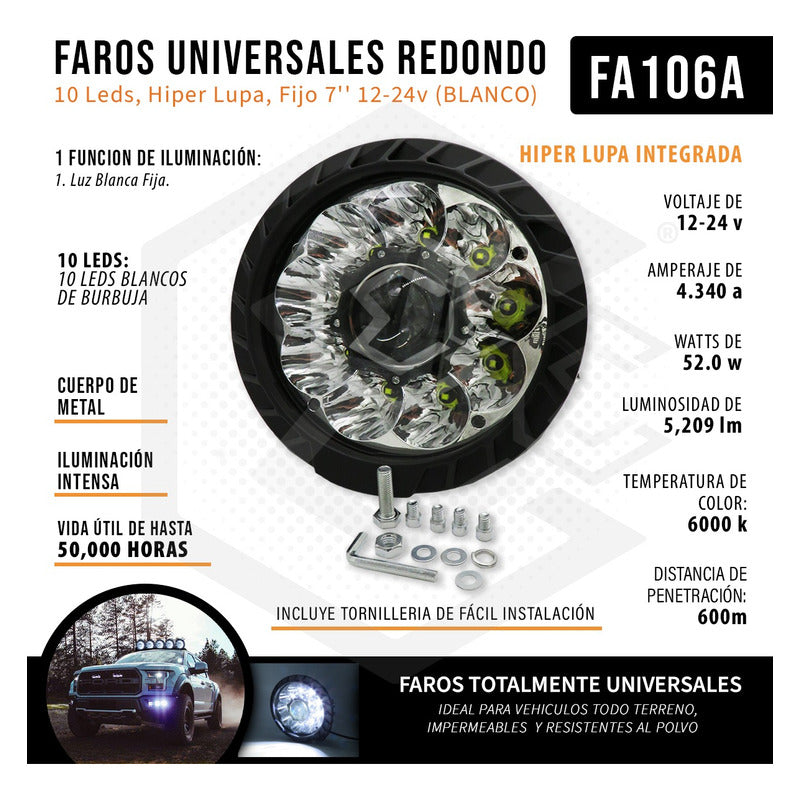 Faros Universales Redondo 10 Leds Hiper Lupa Fijo 7'' 12-24v