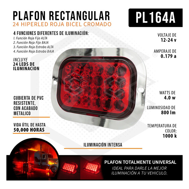12 Plafón Calavera Rectangular 24 Led Bicel Cromado 12-24v